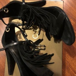 $695 Gucci Black Malaga Suede Fringe Sandals 38.5C